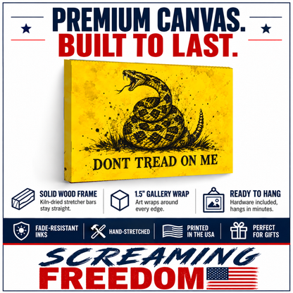Gadsden Flag Canvas Wall Art features: solid wood frame, 1.5 inch gallery wrap, ready to hang, fade-resistant inks