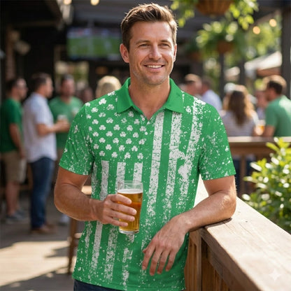 St Patricks Day Shamrock Flag Green Polo Moisture Wicking Short Sleeve Golf Shirt for Men