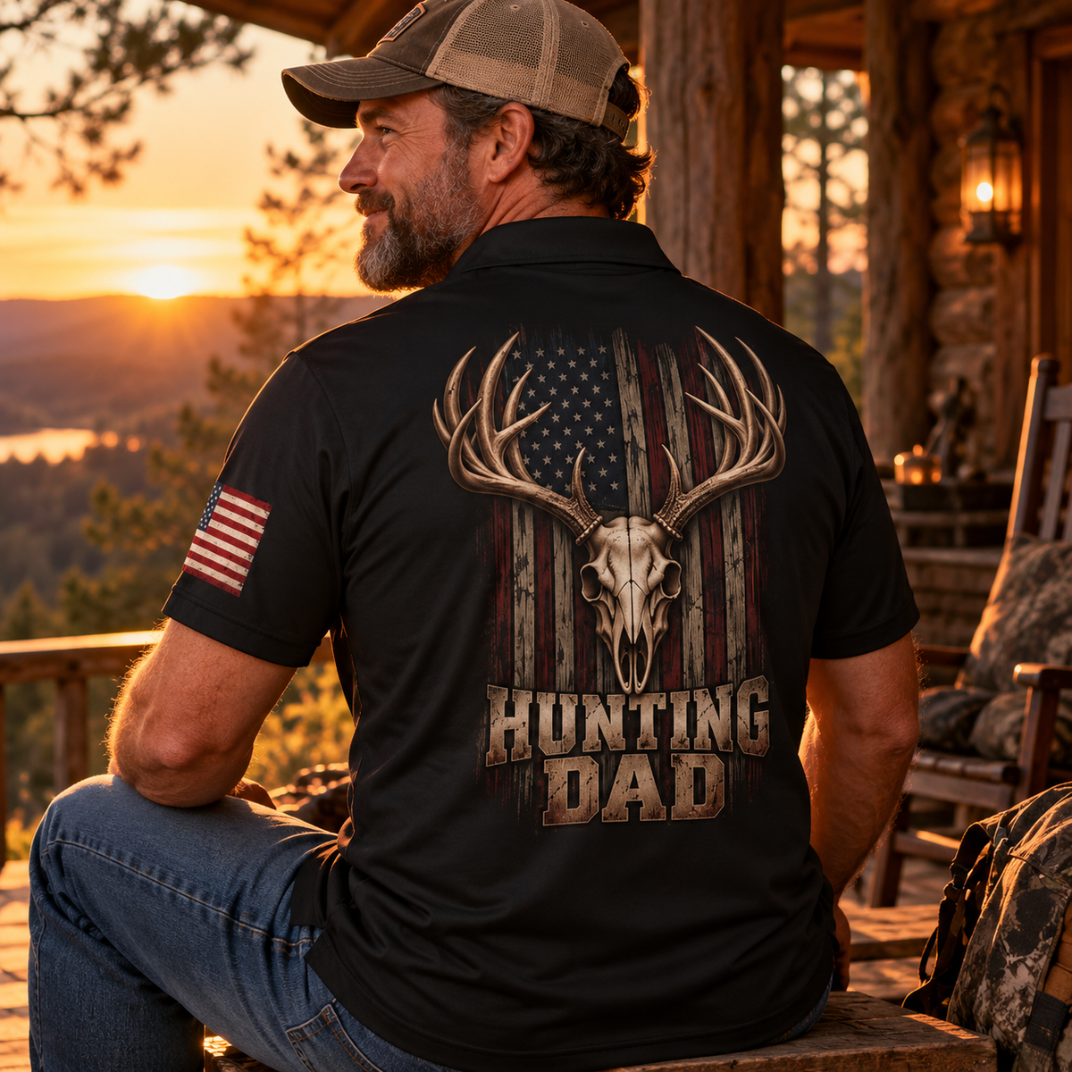 Hunting Dad American Flag moisture wicking golf polo - lifestyle back
