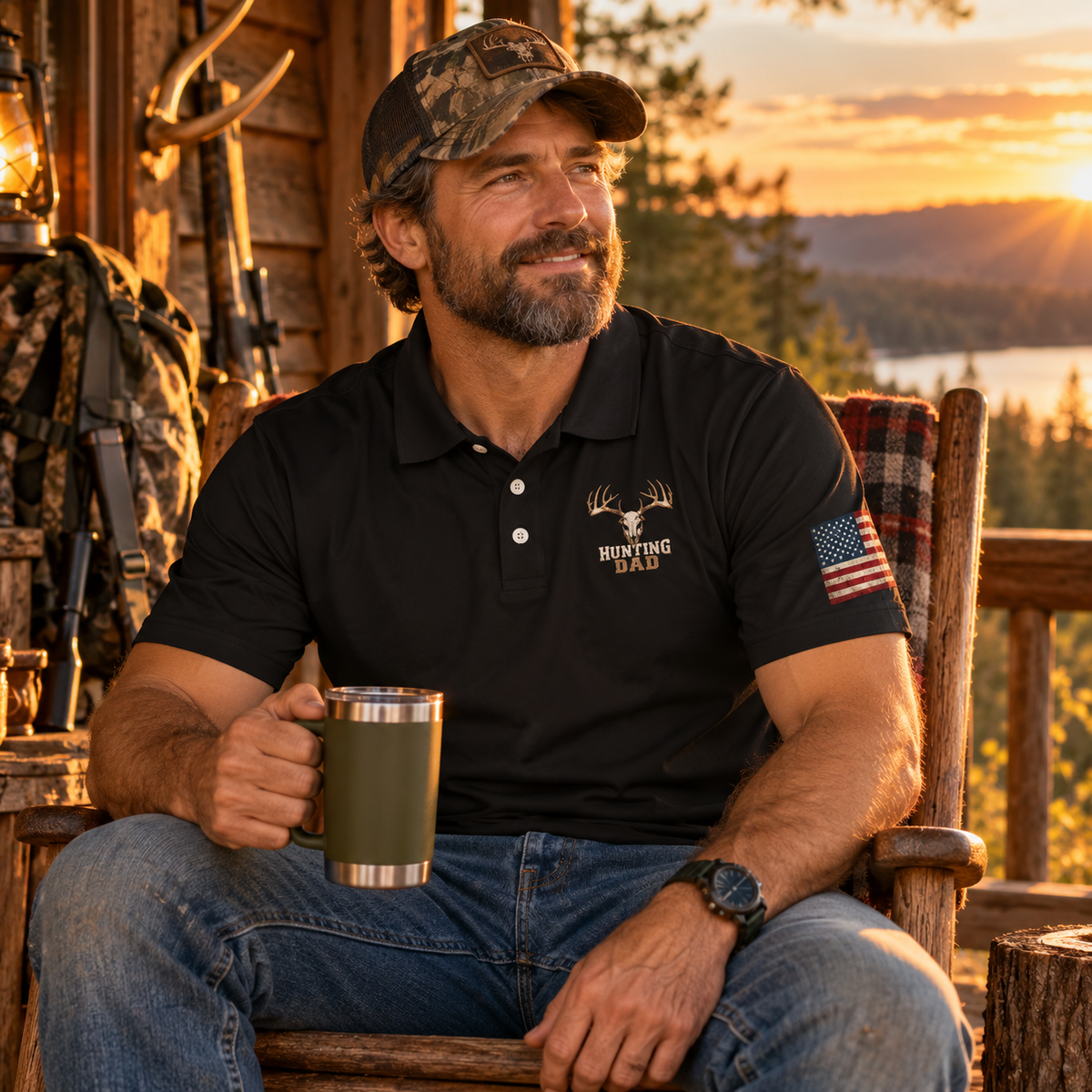 Hunting Dad American Flag moisture wicking golf polo - lifestyle front