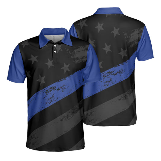 Blue Line American Flag Men's Polos Moisture Wicking Police LEO Short Sleeve Golf Shirts