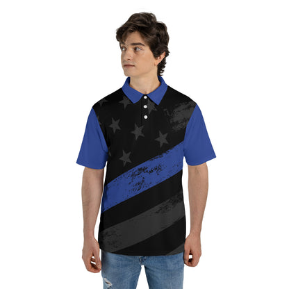 Blue Line American Flag Men's Polos Moisture Wicking Police LEO Short Sleeve Golf Shirts