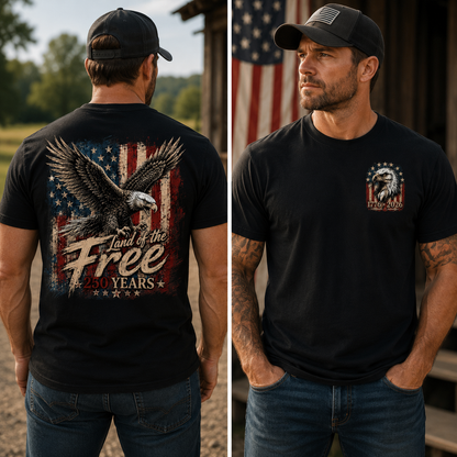 Land of the Free 1776 2026  Patriotic Eagle Flag T Shirt for Men 250th Anniversary Graphic Tee