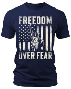Men's Freedom Over Fear Lady Liberty T-Shirts Patriotic Short Sleeve Crewneck Graphic Tees