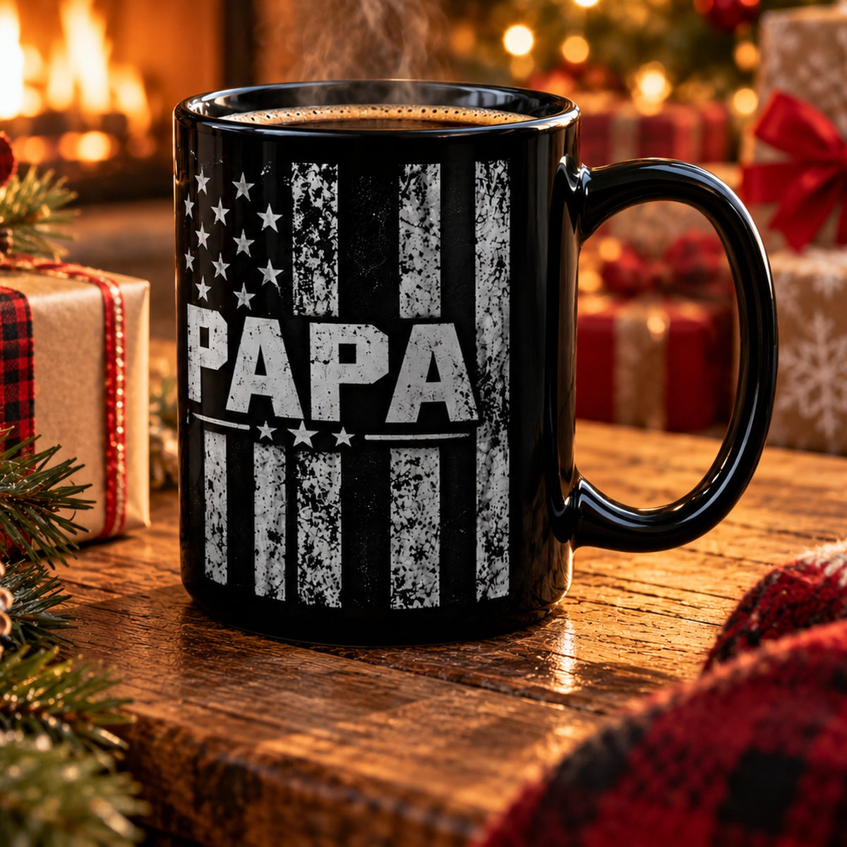 Papa American Flag Black Mug 15oz - Christmas Gift