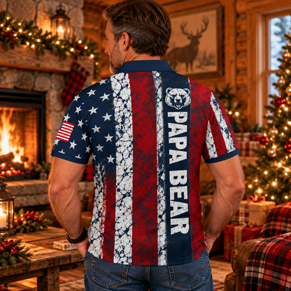 Man wearing Papa Bear American Flag Polo Shirt in a log cabin, back view