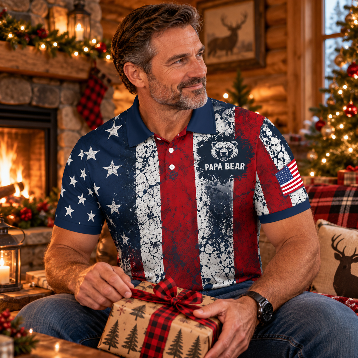 Man wearing Papa Bear American Flag Polo Shirt in a cozy log cabin, front view