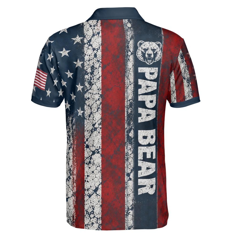 Papa Bear American Flag Polo Shirt back with PAPA BEAR band