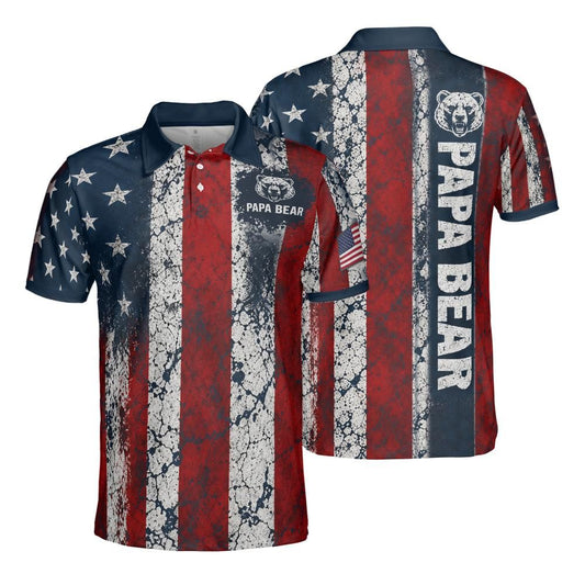 Papa Bear American Flag Polo Shirt front and back with navy collar and cuffs