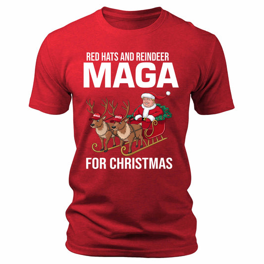 Men's Red Hats and Reindeer MAGA for Christmas Trump T-Shirt Short Sleeve Patriotic Crewneck Graphic Tees