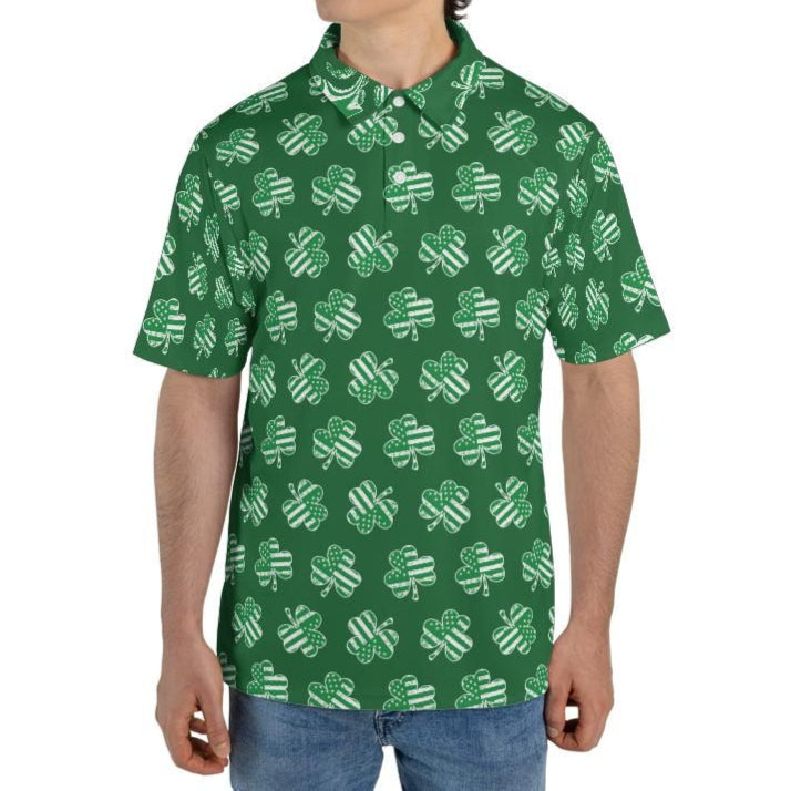 Green Patriotic Shamrock St Patricks Day Polo Moisture Wicking Short Sleeve Golf Shirt for Men