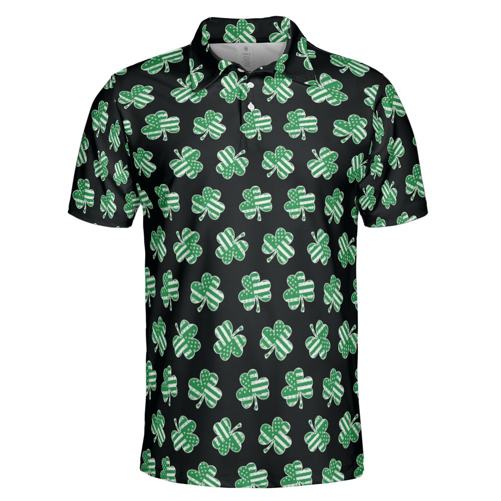 Black Patriotic Shamrock St Patricks Day Polo Moisture Wicking Short Sleeve Golf Shirt for Men