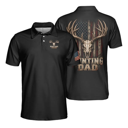 Hunting Dad American Flag moisture wicking golf polo - front and back