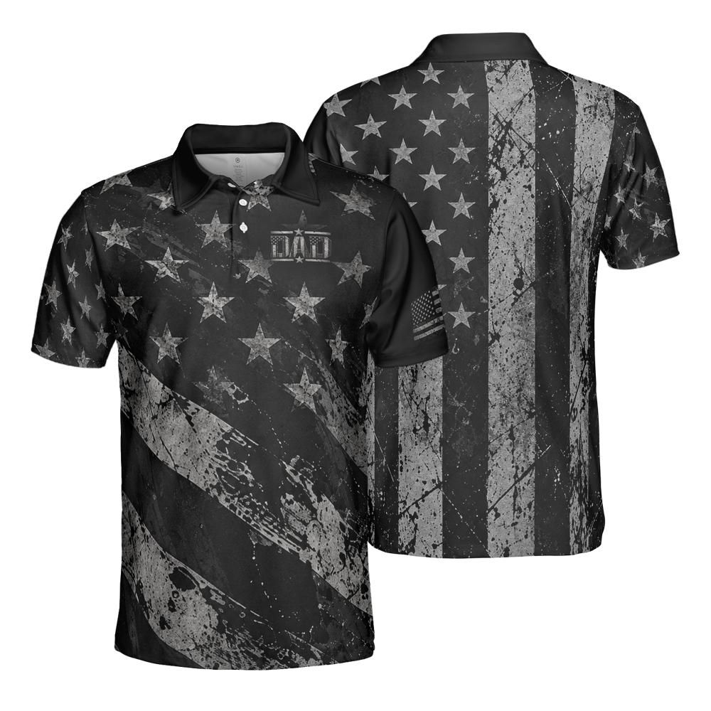 Dad Blackout American Flag moisture wicking golf polo - front and back