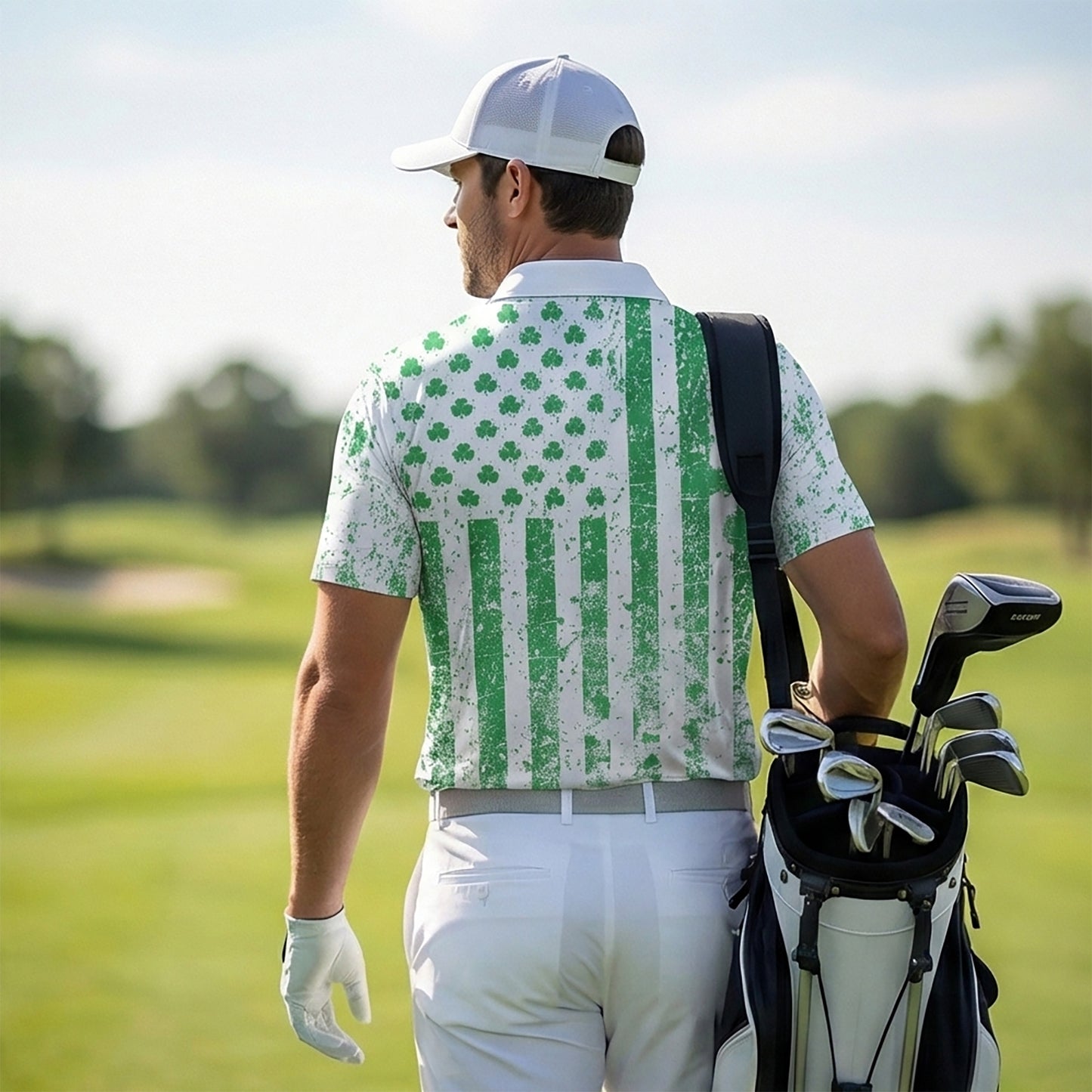 St Patricks Day Shamrock Flag White Polo Moisture Wicking Short Sleeve Golf Shirt for Men
