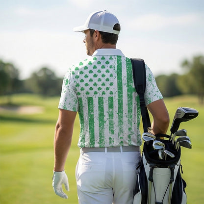 St Patricks Day Shamrock Flag White Polo Moisture Wicking Short Sleeve Golf Shirt for Men